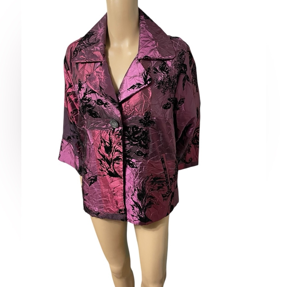 Susan Graver Style purple one-button blazer black velvet floral print 3/4 sleeve